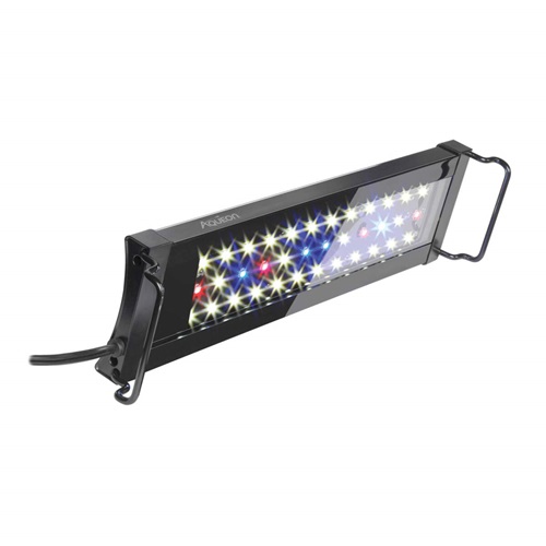 Imagem de 12" a 18" da luminária OptiBright mostrando todas as luzes LED vermelhas, brancas e azuis acesas